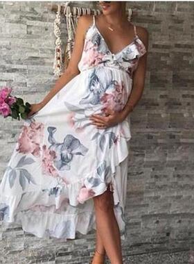 Maternity Dress Ruffled Pregnancy Clothes Print Maternity Cl