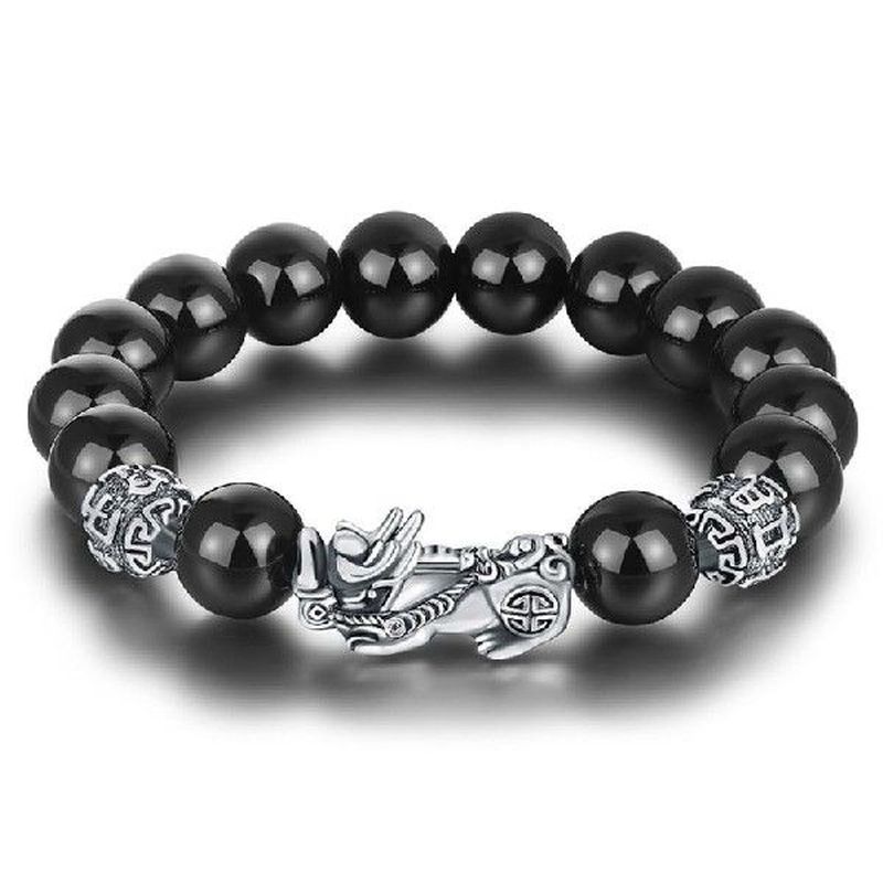 Black Obsidian Stone Buddhism Six Words Pixiu Bead Bracelet