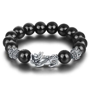 Black Obsidian Stone Buddhism Six Words Pixiu Bead Bracelet