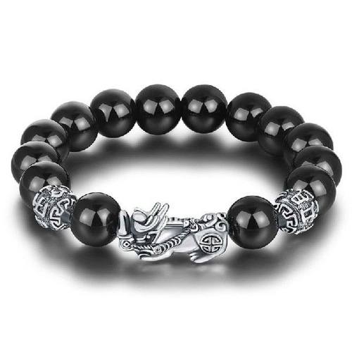 Black Obsidian Stone Buddhism Six Words Pixiu Bead Bracelet