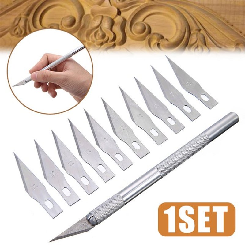 New Metal Handle Scalpel Cutter   10Pcs Blades Wood Paper Cu
