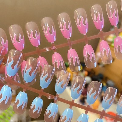 24Pcs/set Flame Fake Nails Blue Fire False Nails Press on N