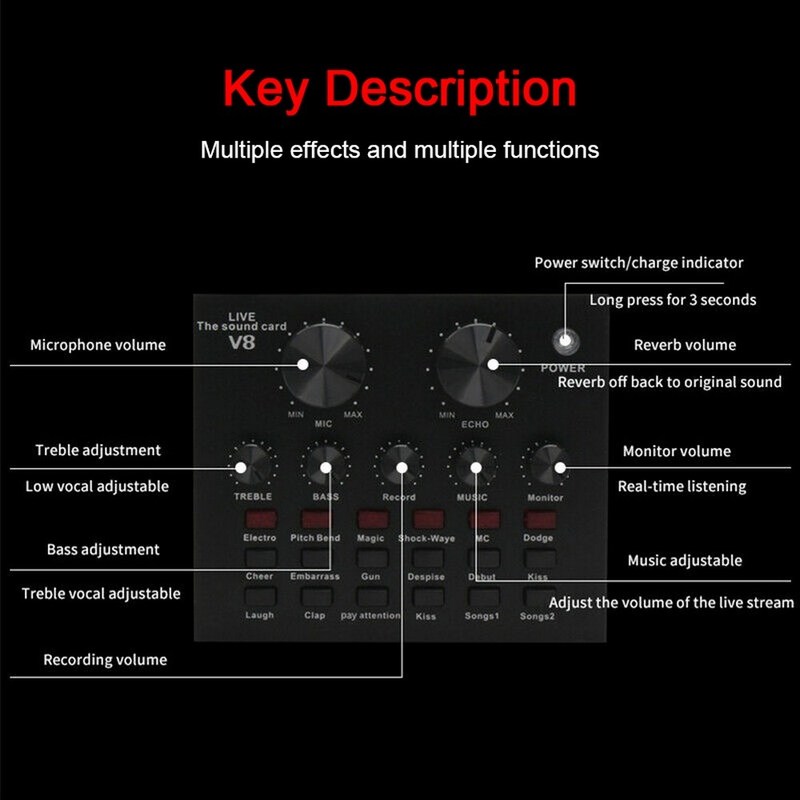 V8 External Sound Card Audio Set Interface Microphone Record
