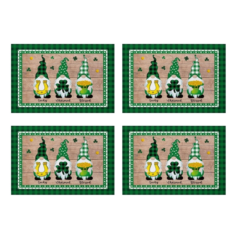 95AA 4pcs Happy Patrick's Day Placemats Gnome Clover