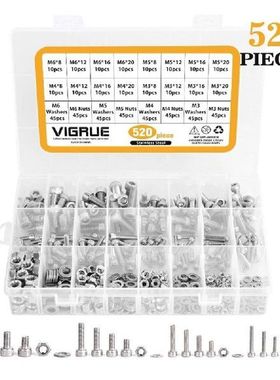 520pcs Stainless Steel Screws Nuts Washers M3 M4 M5 M6 Hex