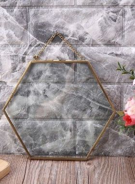 Hexagon Floating Hanging Photo Frame Metal Glass Portrait