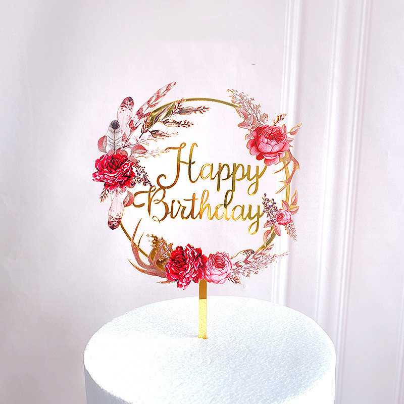 New Colored flowers Happy Birthday Cake Topper Golden Acryli