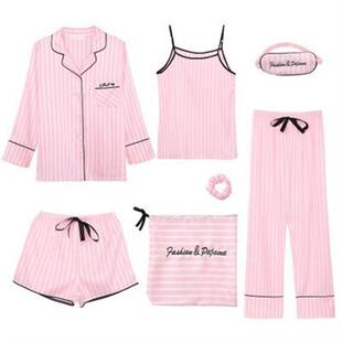 7 Pieces Womens Silk Satin Pajamas Sets Pyjamas Set Sleepwe