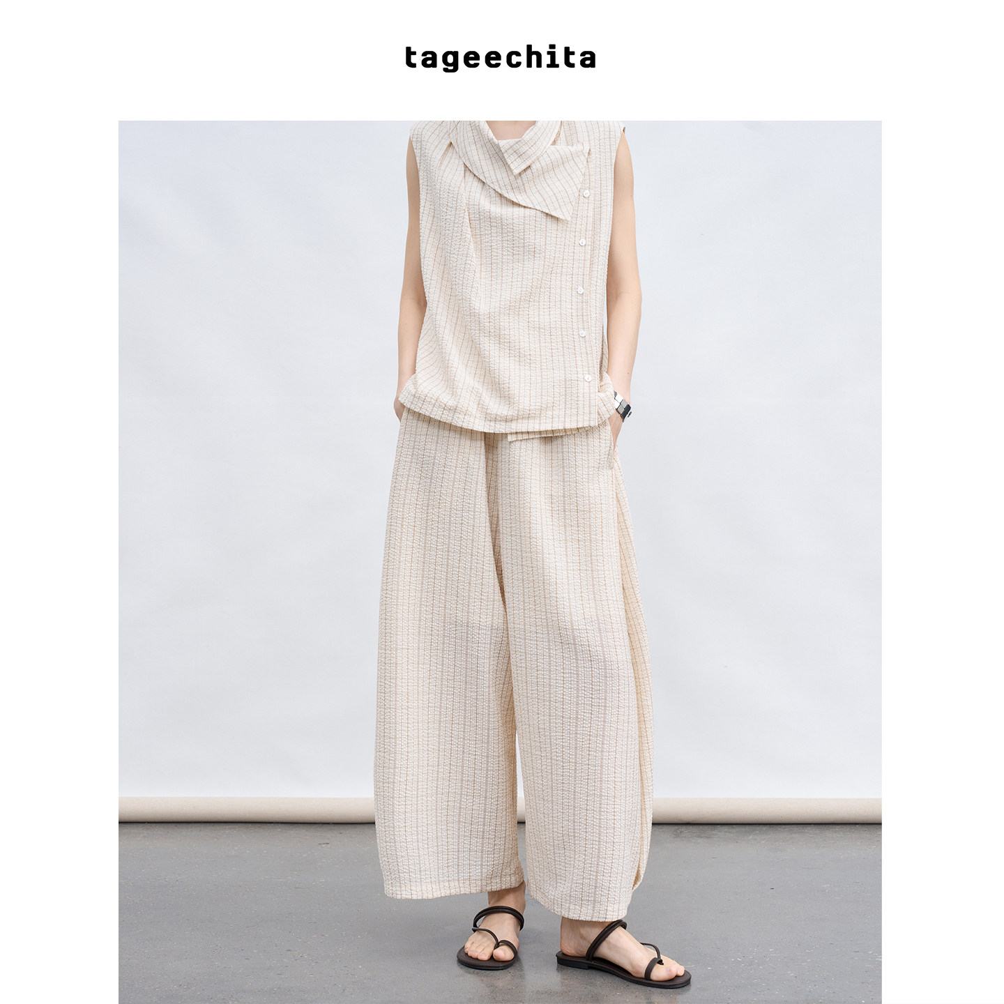 TAGEECHITA 肌理感褶量设计易打理松紧腰微弯刀廓形休闲九分裤女
