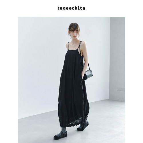 TAGEECHITA 简约棋盘格立体捏褶透气垂感花苞连衣裙A字长款纱裙