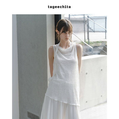 TAGEECHITA 莱赛尔绵羊毛混纺 复古提花针织透感飘带荡领无袖小衫
