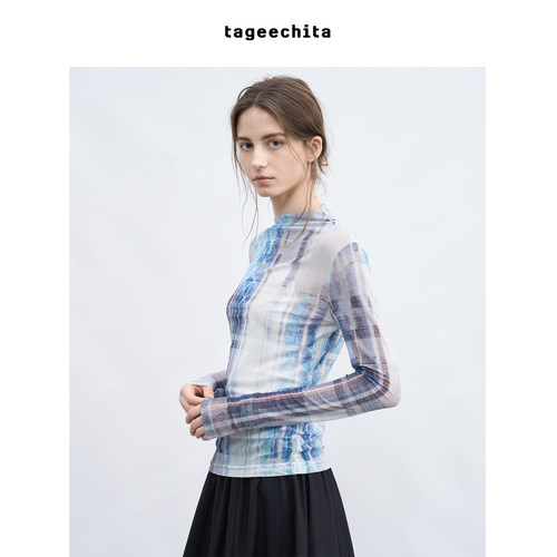 TAGEECHITA 斜领艺术感原创印花纱衣修身弹力微透T恤打底衫上衣