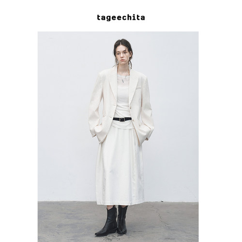 TAGEECHITA 肌理面料 戗驳领皱感白色西装外套廓形西服 含垫肩