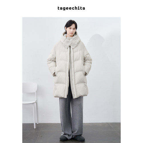TAGEECHITA一件过冬中长款立领连帽羽绒服90鸭绒加厚保暖廓形外套