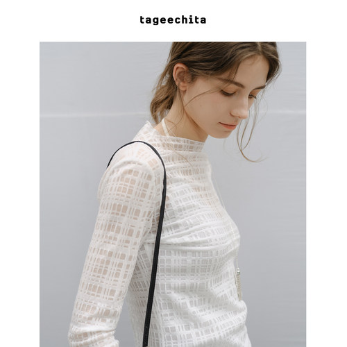 TAGEECHITA 格纹提花网纱设计微透长袖t恤打底衫修身内搭上衣