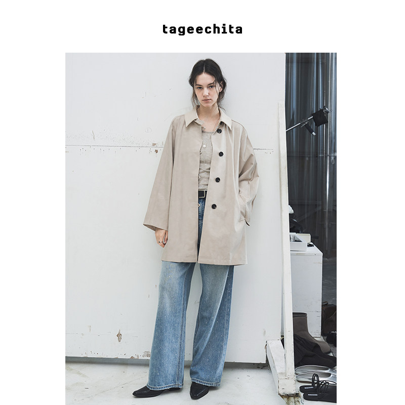TAGEECHITA 时间玫瑰味面料 灯芯绒拼色翻领廓形风衣女外套