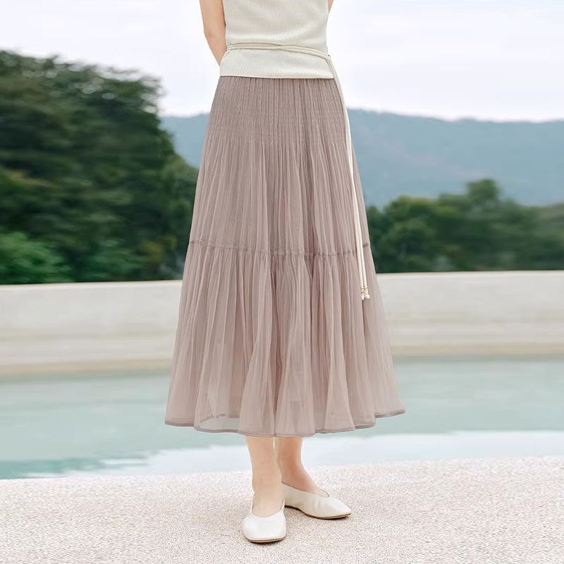 【舒适通勤】玖z松紧腰压褶网纱A型半身裙2026春季新款KWGC20010