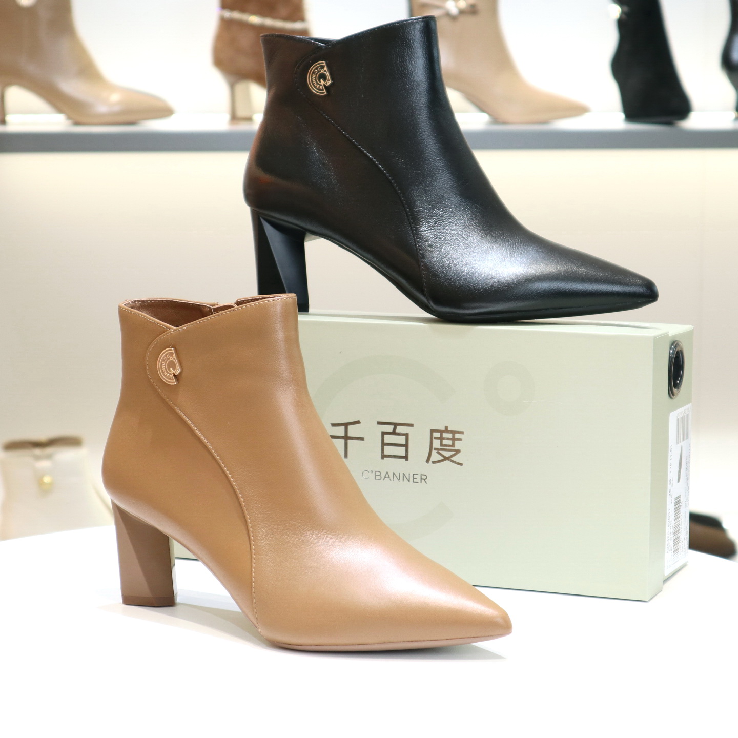 千百度裸靴粗跟高跟侧拉链女靴子