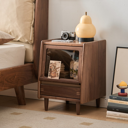 像素皓月床头柜实木北欧家用床边柜北美黑胡桃木卧室收纳储物