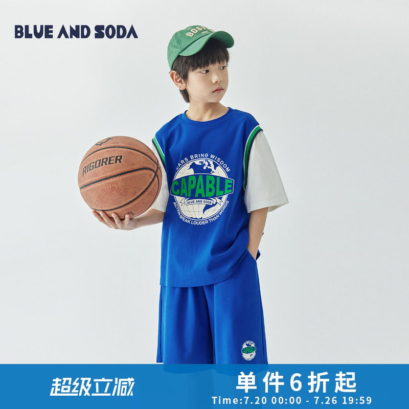 蓝汽水夏季中大男童拼色假两件运动凉感短袖五分裤青少年训练套装