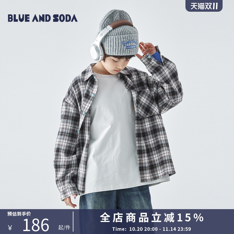 蓝汽水潮流翻领格纹衬衫