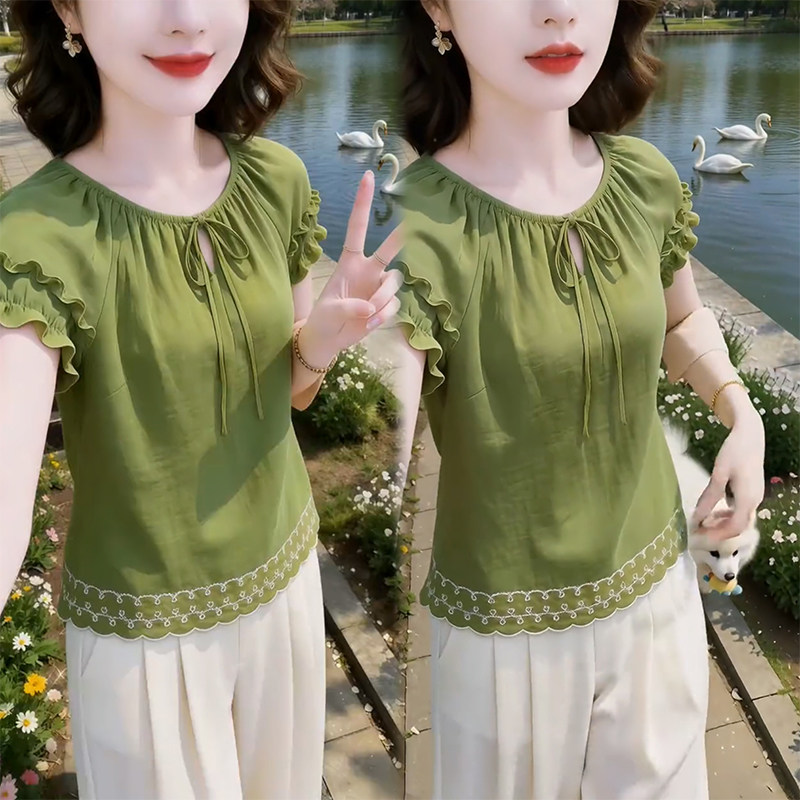 2026夏爆款小衫小个子短袖T恤女宽松百搭韩版绑带荷叶边上衣遮肉