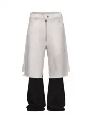 Luuucam Fake Two-Piece Spliced Fringed Raw Edge Wide-Leg Straight Pants Double-Layer Baggy Casual Street Loose Long Pants