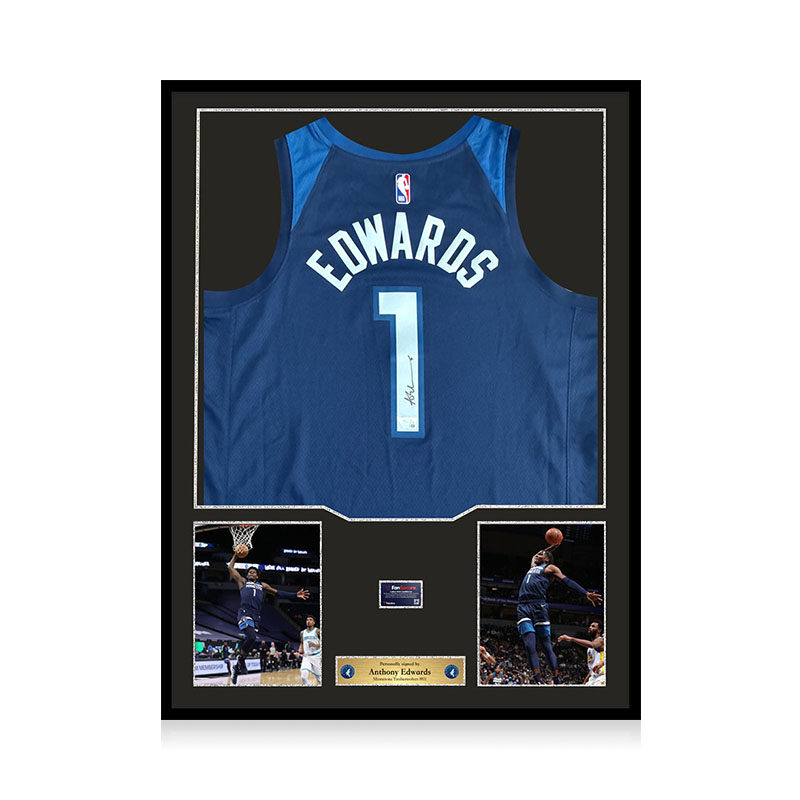 爱德华兹 亲笔签名 森林狼队 深蓝球衣 FA证书 精装裱NBA球星收藏