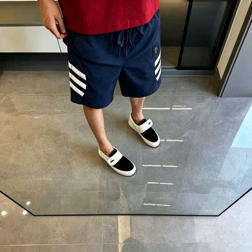 男藏青色侧边三杠抽绳系带运动裤