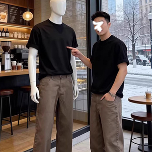 黑色美式重磅小领口t恤男百搭cleanfit短袖痞帅高级感内搭半截袖