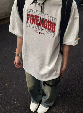 美式潮牌白灰色纯棉宽松t恤男短袖夏2026休闲穿搭情侣半袖上衣服