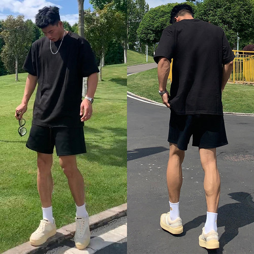 潮牌宽松运动阔腿直筒五分短裤男