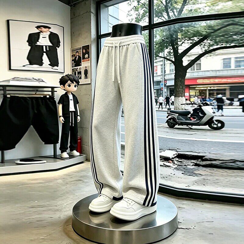 美式三条杠弯刀运动卫裤男款休闲裤秋季重磅撞色条纹宽松直筒裤子