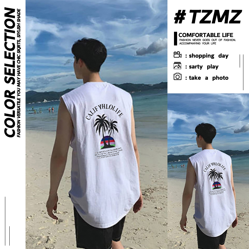 男士沙滩坎肩t恤韩版潮流无袖背心男夏季运动宽松纯棉马甲上衣服