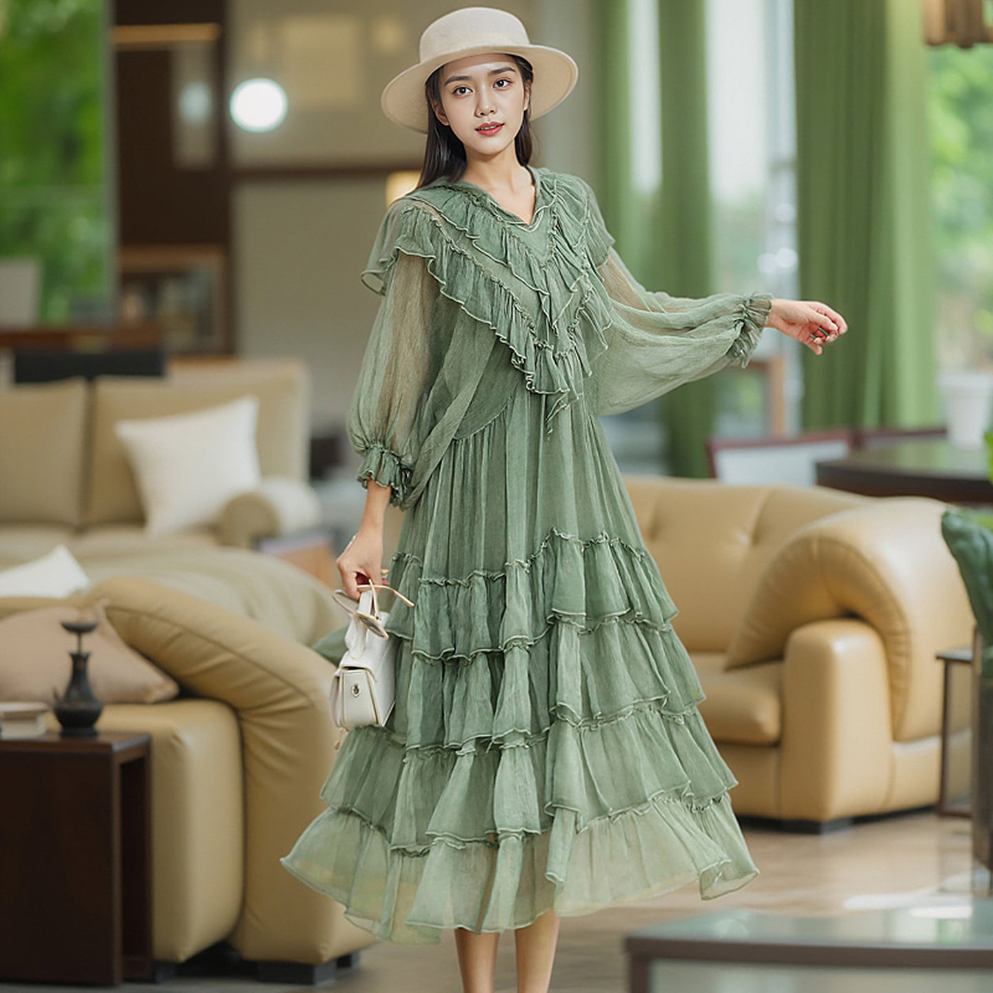 虫音真丝桑蚕丝连衣裙女高档轻奢时尚减龄胖mm遮肚子显瘦度假长裙