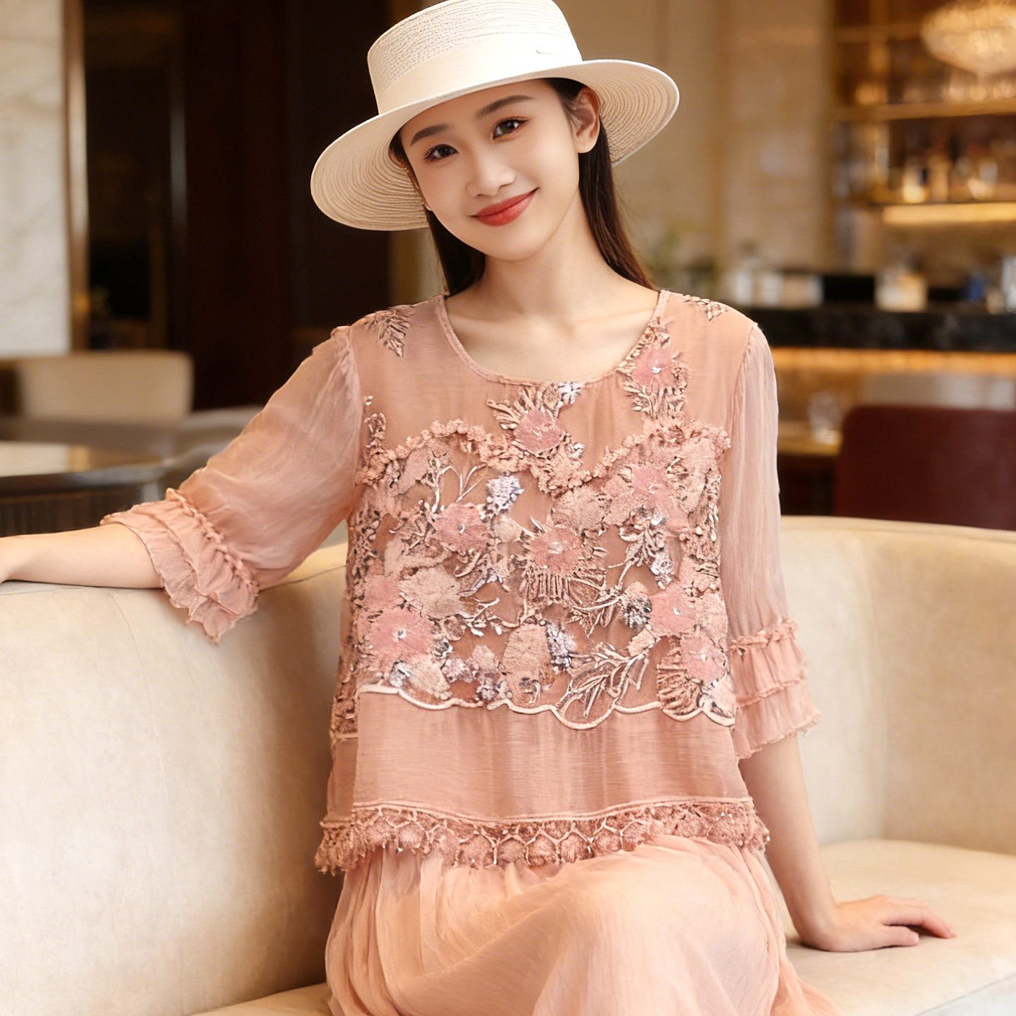 虫音桑蚕丝连衣裙女高级轻奢重工刺绣假两件收腰显瘦宴会度假长裙