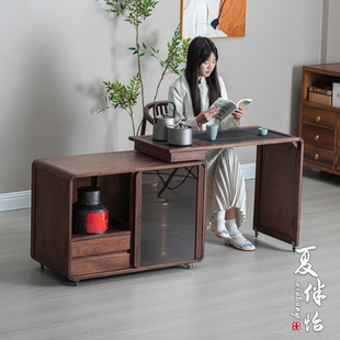 可移动旋转茶台烧水壶一体家用阳台小茶桌轻奢高级感实木茶车边柜