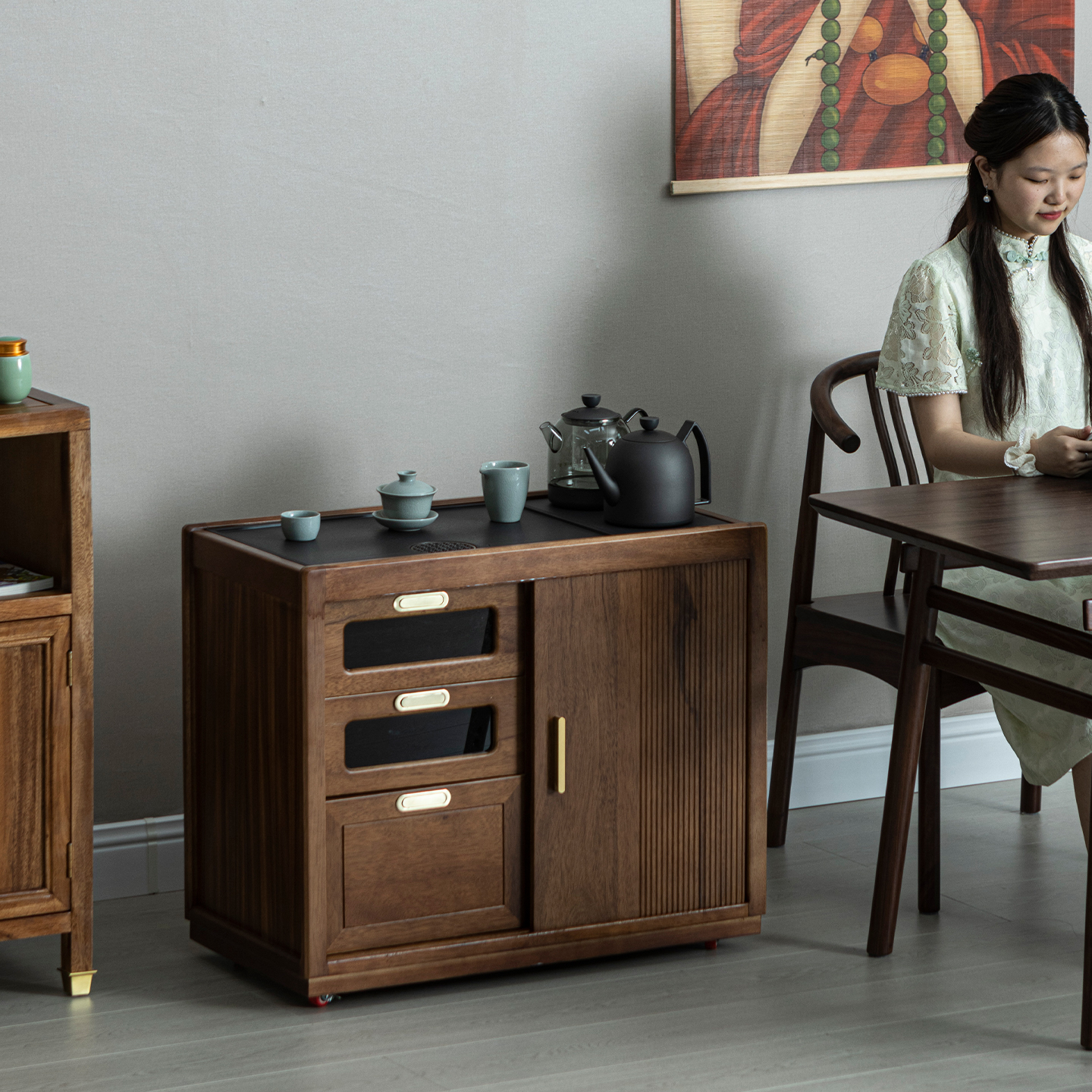 胡桃木茶水柜家用小型可移动茶台烧水壶一体实木茶边柜茶桌侧边几
