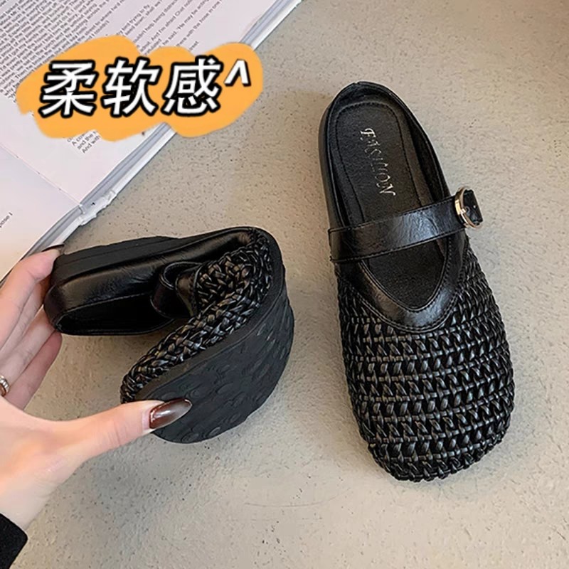 玛丽珍包头半拖鞋女夏外穿2026新款编织镂空渔网鞋平底凉拖鞋34码