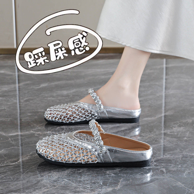 【巨好看】水钻渔网包头半拖鞋女图片