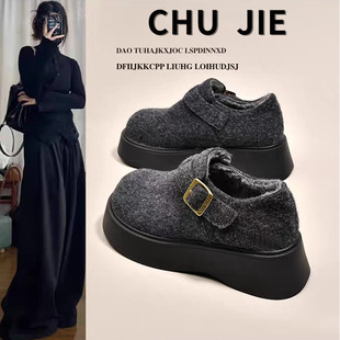 34码 厚底灰色勃肯鞋 一脚蹬毛毛棉鞋 加绒雪地靴乐福鞋 女冬2025新款