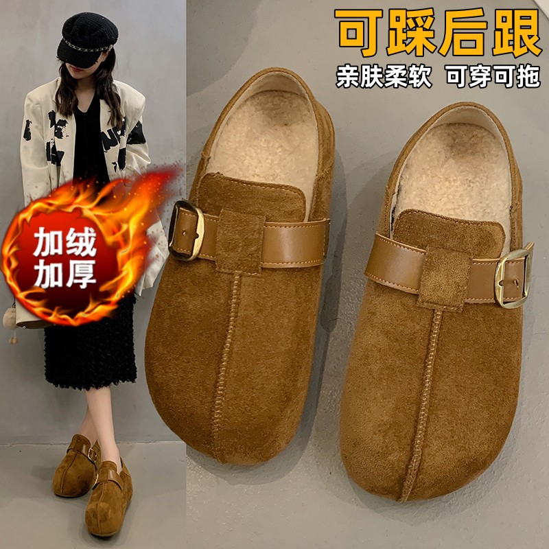 厚底内增高两穿勃肯鞋女加绒2025新款冬季一脚蹬乐福棉鞋穆勒鞋子