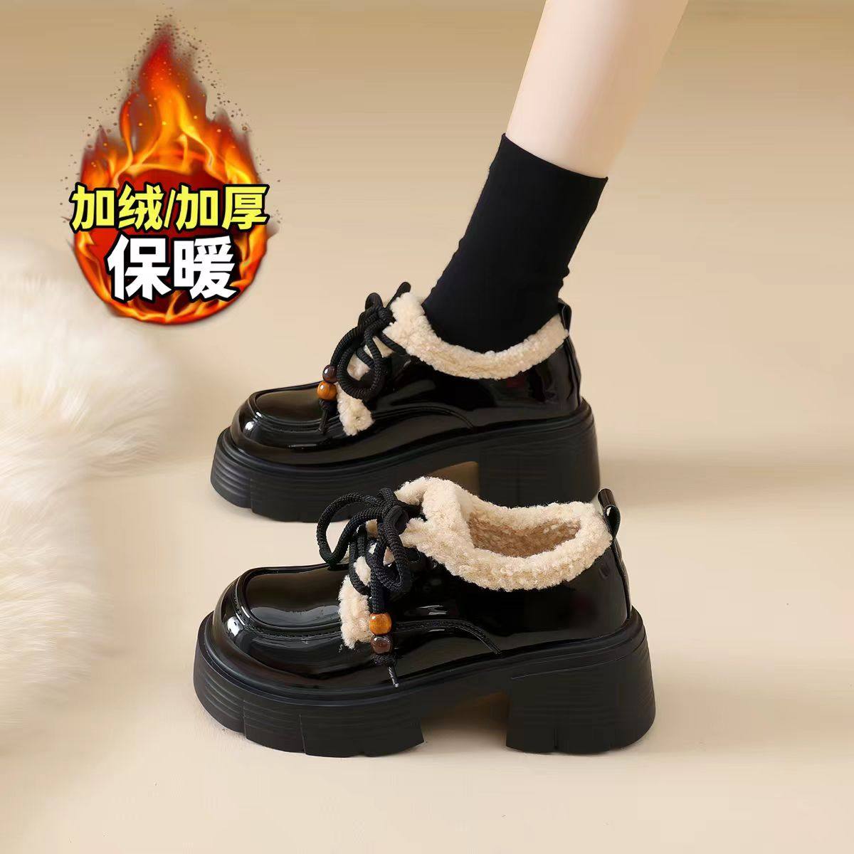 加绒黑色小皮鞋女2025新款冬季保暖毛毛棉鞋英伦风厚底乐福鞋34码,女鞋,乐福鞋（豆豆鞋）,淘宝优惠券,粉丝福利购,淘宝优惠卷