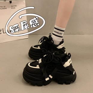 34码 春秋百搭黑色运动休闲鞋 女小个子增高2026新款 松糕厚底老爹鞋
