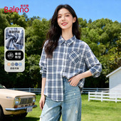 班尼路POLO领格子衬衫 衬衣Q 开衫 女2026春新款 宽松复古风翻领长袖