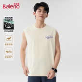 美式 班尼路米色纯棉无袖 背心男夏季 字母t恤宽松情侣运动坎肩上衣