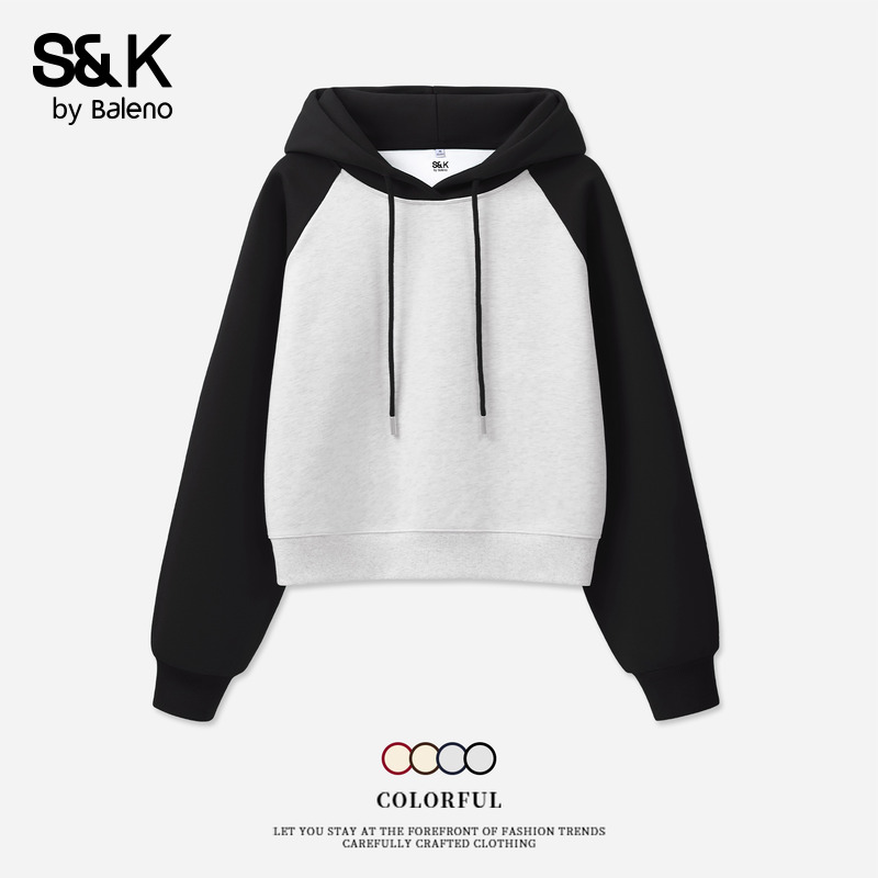 班尼路S&K系列休闲撞色连帽卫衣女2025秋季新款韩版宽松短款上衣Q