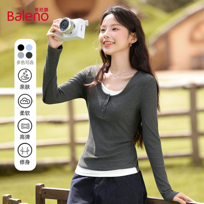 班尼路假两件长袖t恤女2025秋冬新款可外穿修身内搭女士打底衫女Q