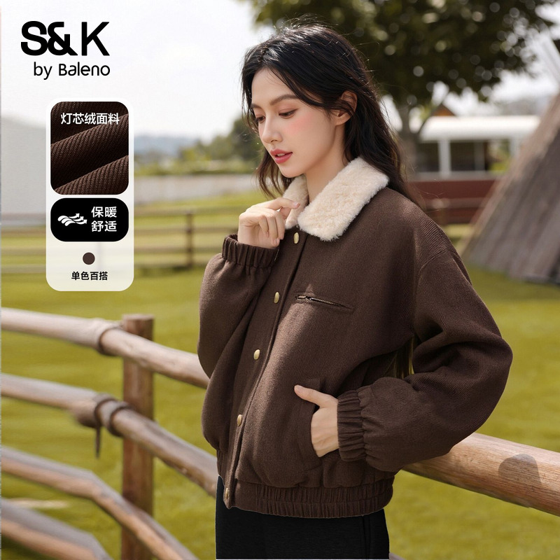 班尼路S&K系列夹克外套女2025冬季新款灯芯绒加厚保暖百搭棉衣Q
