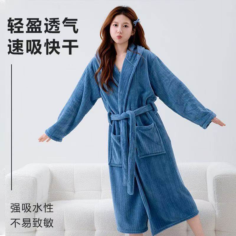 浴袍睡袍穿式浴巾连帽柔软加厚速干吸水秋冬男女成人洗澡抽条浴衣